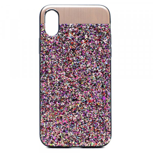 Wholesale iPhone X (Ten) Sparkling Glitter Chrome Fancy Case with Metal Plate (Rainbow Purple)